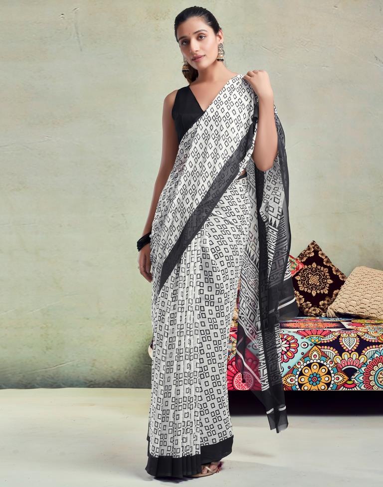 White Georgette Printed  Saree