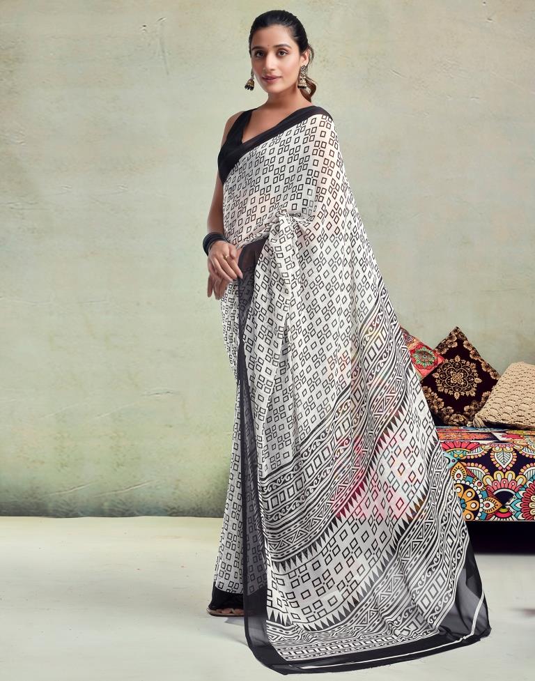 White Georgette Printed  Saree