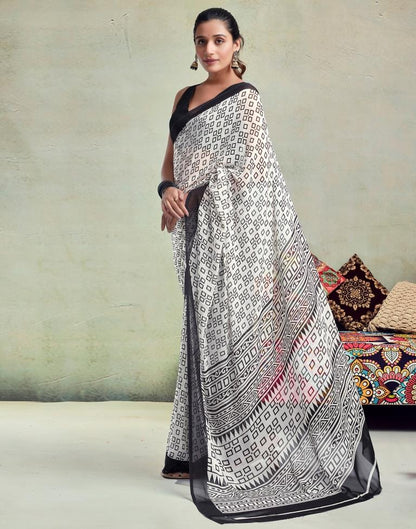 White Georgette Printed  Saree