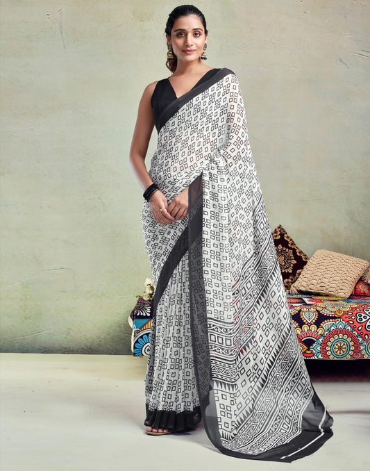 White Georgette Printed  Saree