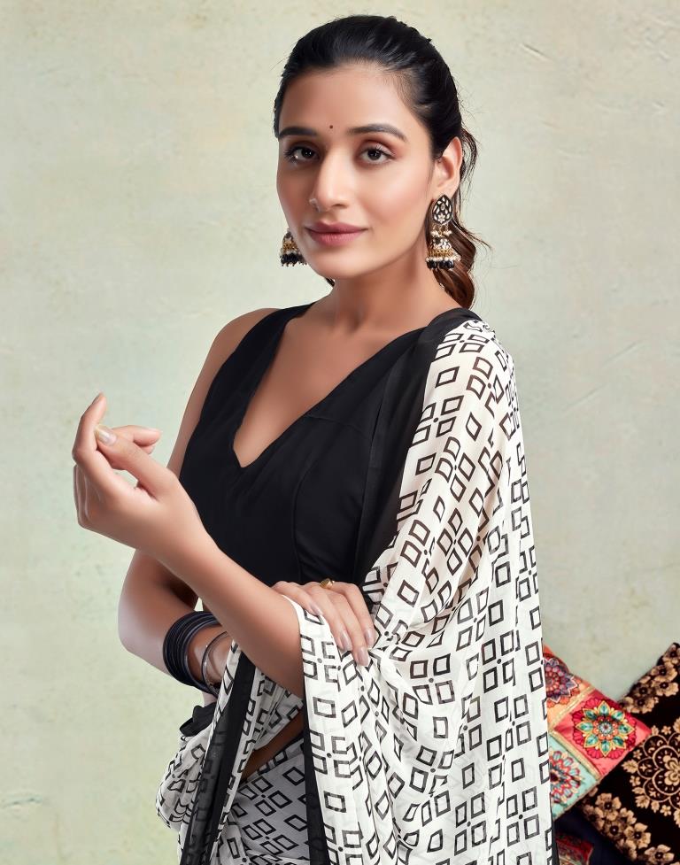 White Georgette Printed  Saree