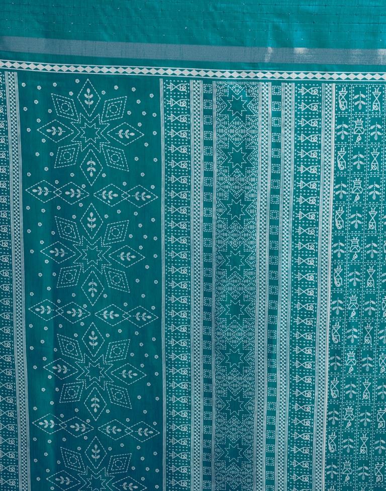 Teal Blue Silk Printed  Saree