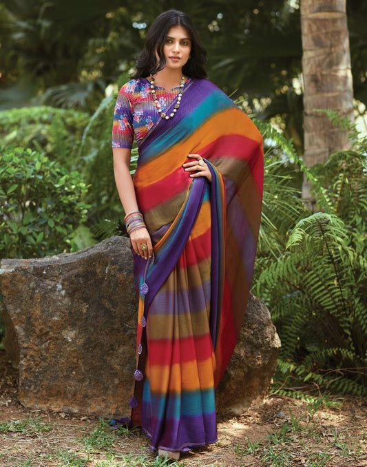 Multicoloured  Chiffon Printed  Saree