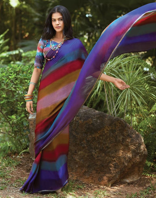 Dark Blue & Multicolour Chiffon Printed  Saree