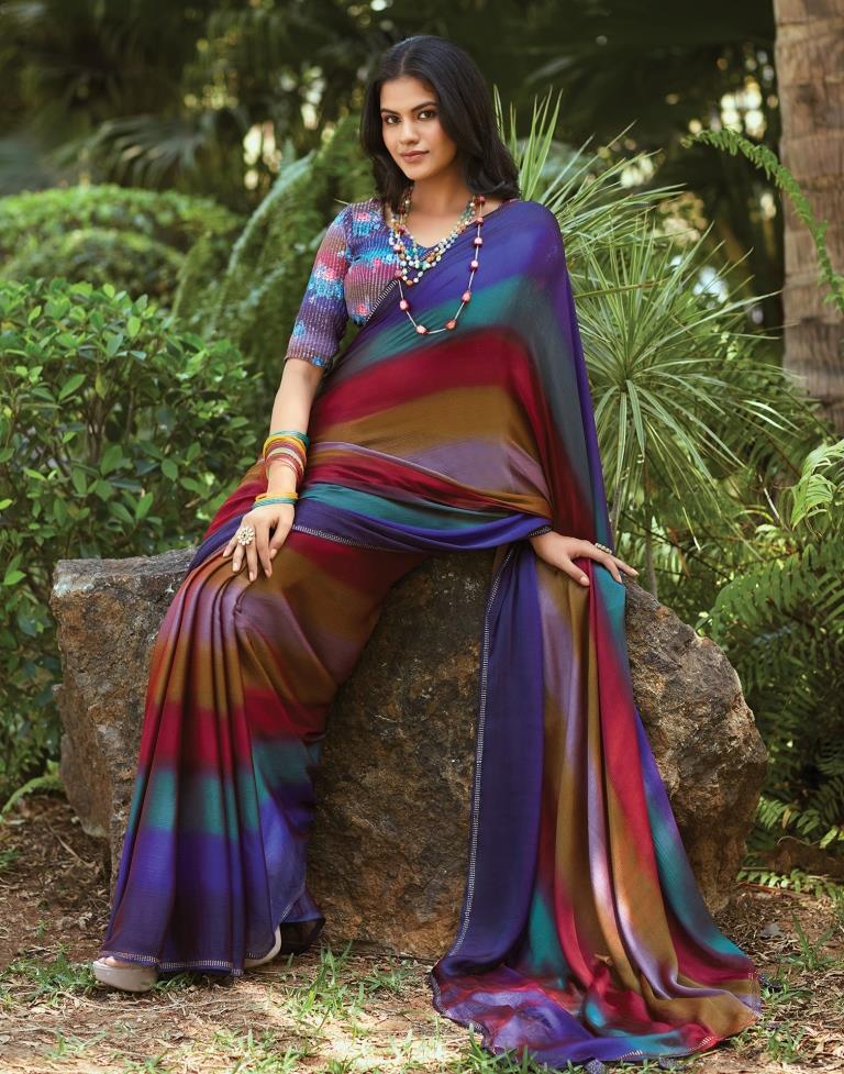 Dark Blue & Multicolour Chiffon Printed  Saree