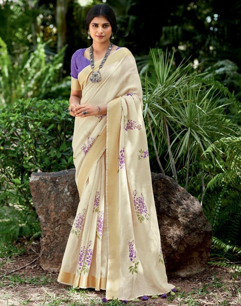 Beige Cotton Printed  Saree