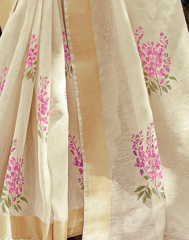 Beige Cotton Printed  Saree