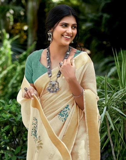 Beige Cotton Printed  Saree