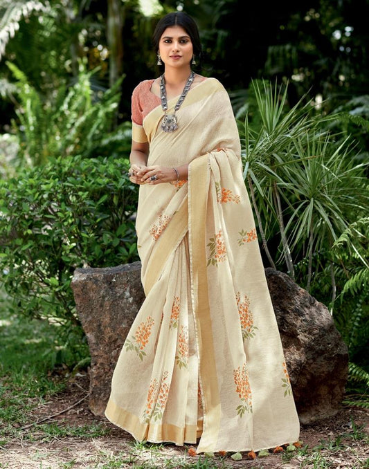 Beige Cotton Printed  Saree