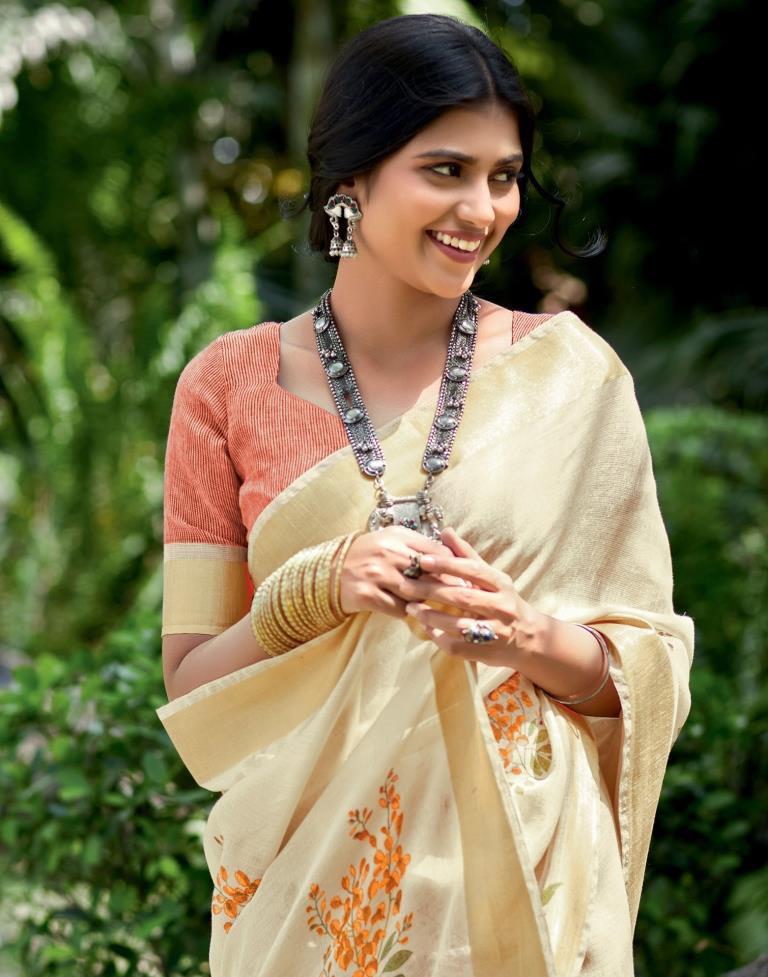 Beige Cotton Printed  Saree