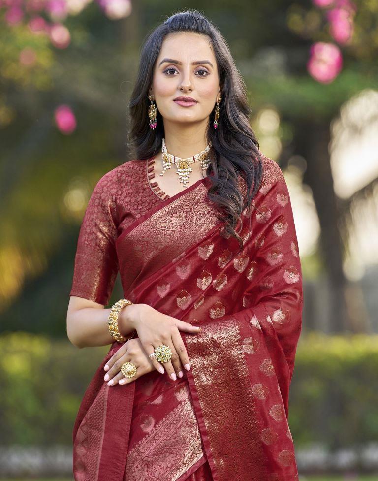 Red Organza Plain Saree