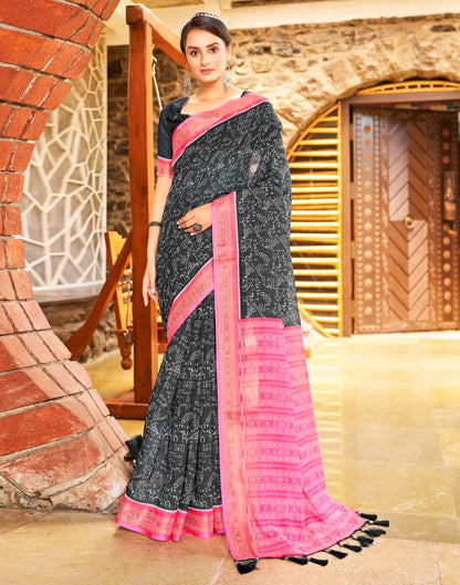 Dark Grey & Pink Linen Printed  Saree