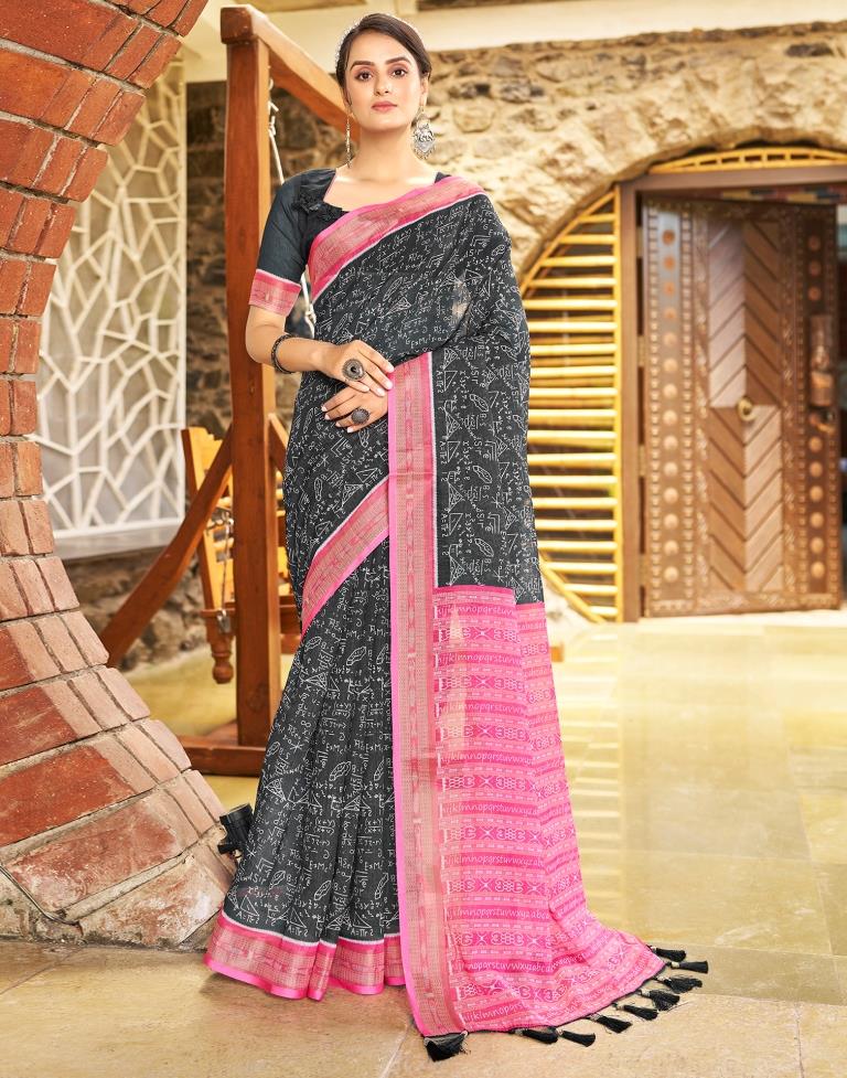 Dark Grey & Pink Linen Printed  Saree