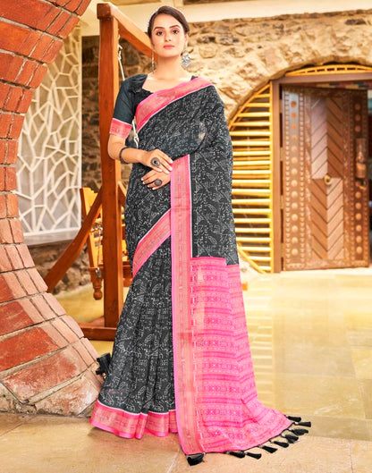Dark Grey & Pink Linen Printed  Saree