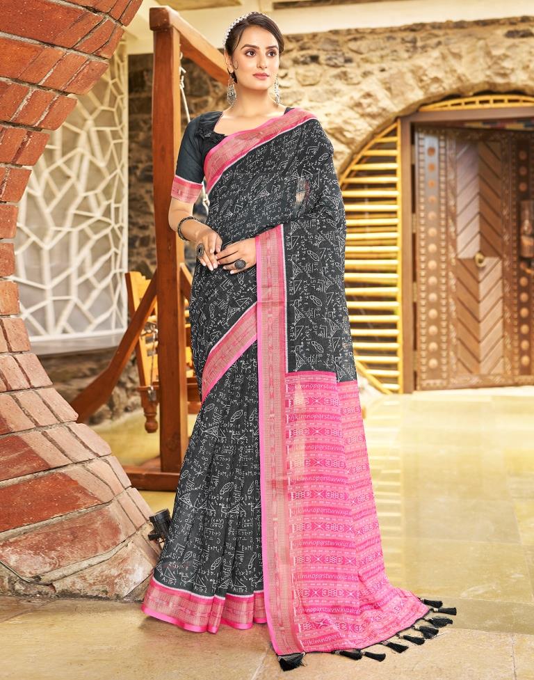 Dark Grey & Pink Linen Printed  Saree