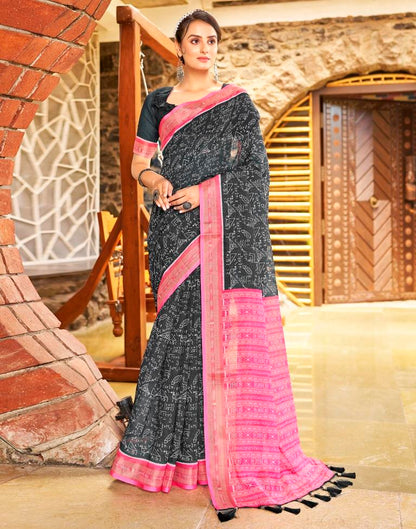 Dark Grey & Pink Linen Printed  Saree