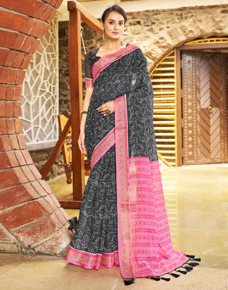Dark Grey & Pink Linen Printed  Saree