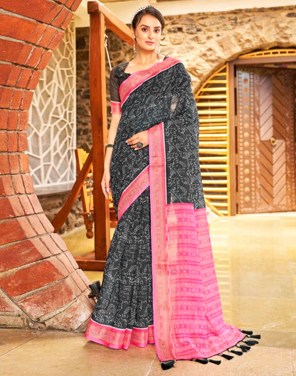 Dark Grey & Pink Linen Printed  Saree