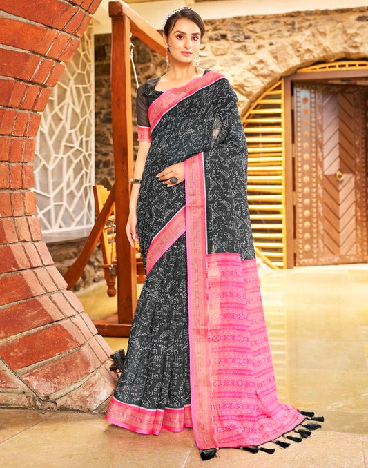 Dark Grey & Pink Linen Printed  Saree