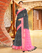Dark Grey & Pink Linen Printed  Saree