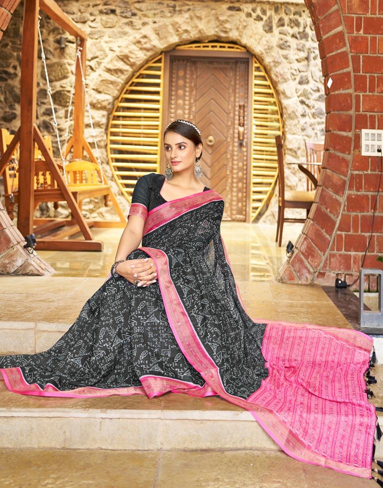 Dark Grey & Pink Linen Printed  Saree