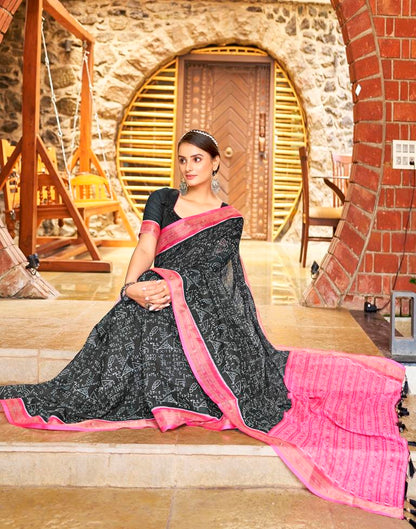 Dark Grey & Pink Linen Printed  Saree