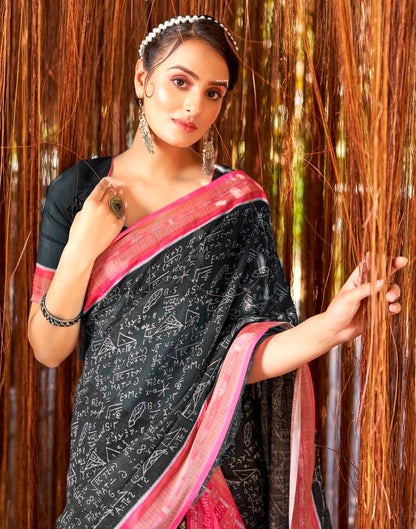 Dark Grey & Pink Linen Printed  Saree