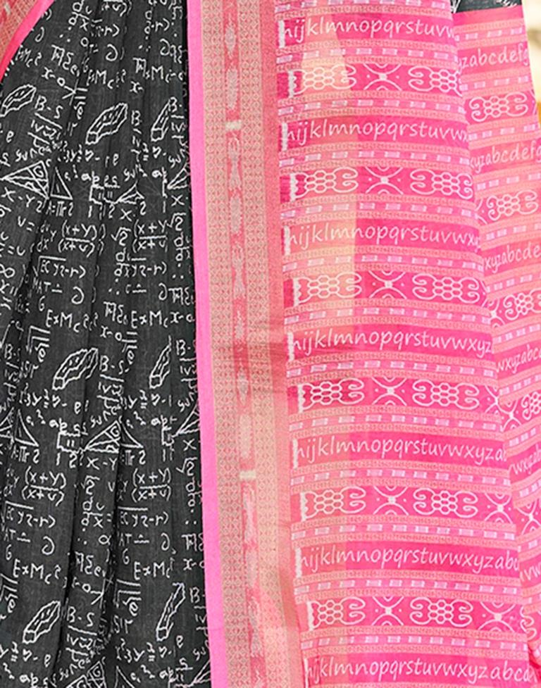 Dark Grey & Pink Linen Printed  Saree