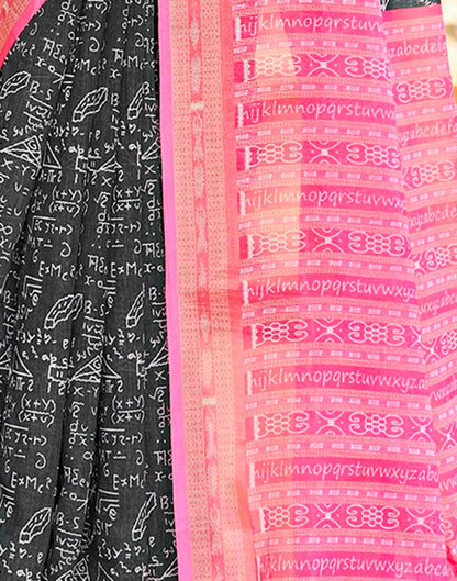 Dark Grey & Pink Linen Printed  Saree