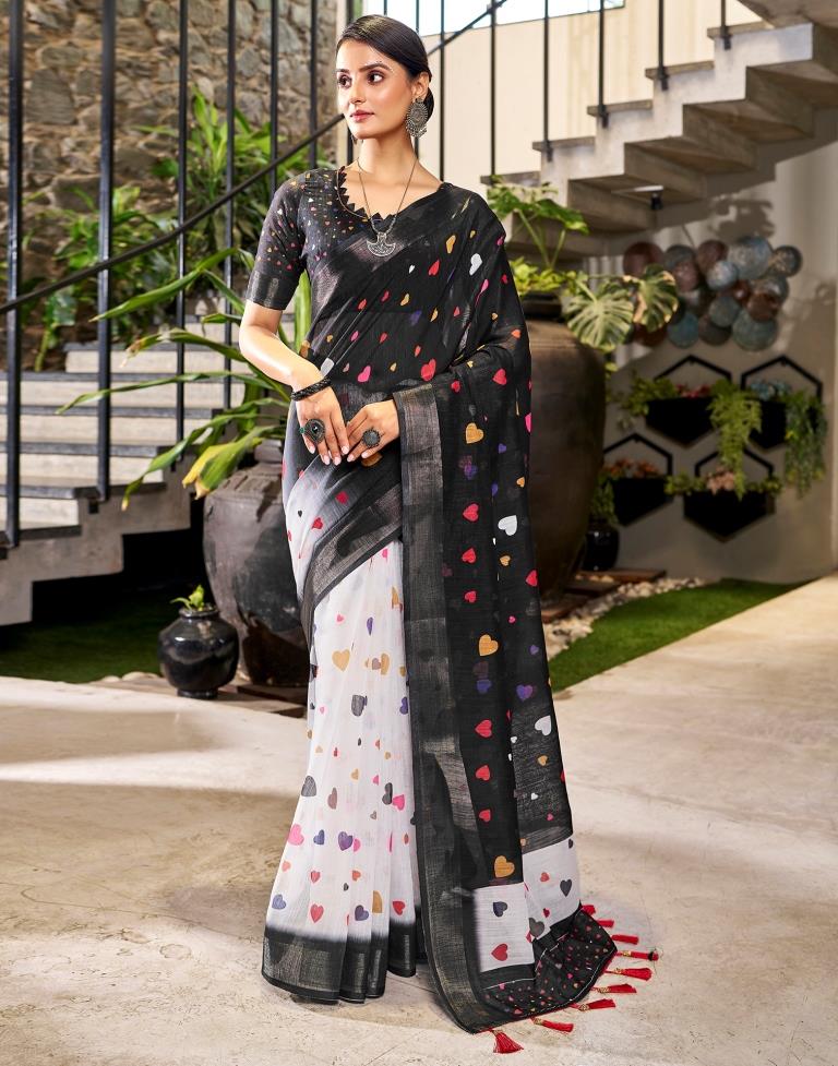 Black & Multicolour Linen Printed  Saree