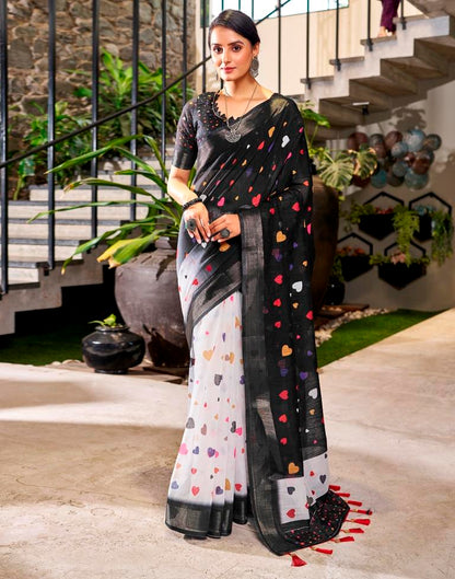 Black & Multicolour Linen Printed  Saree