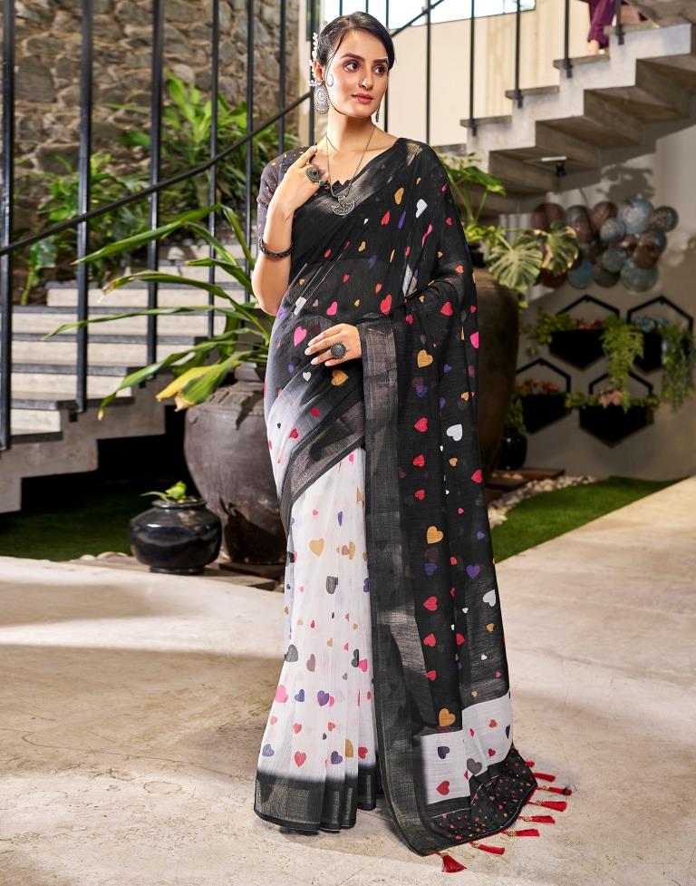 Black & Multicolour Linen Printed  Saree