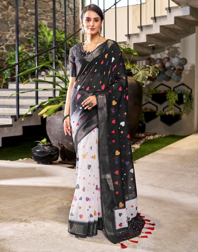 Black & Multicolour Linen Printed  Saree