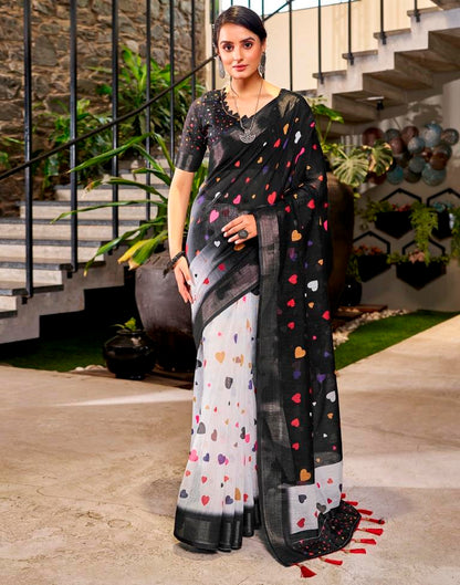 Black & Multicolour Linen Printed  Saree