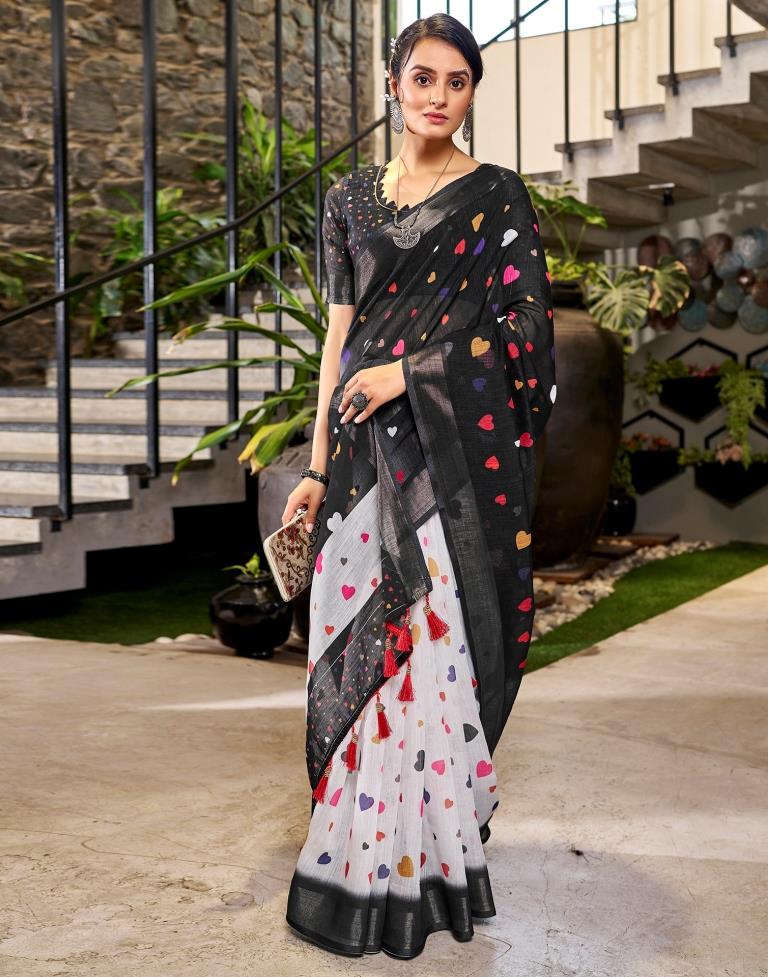 Black & Multicolour Linen Printed  Saree