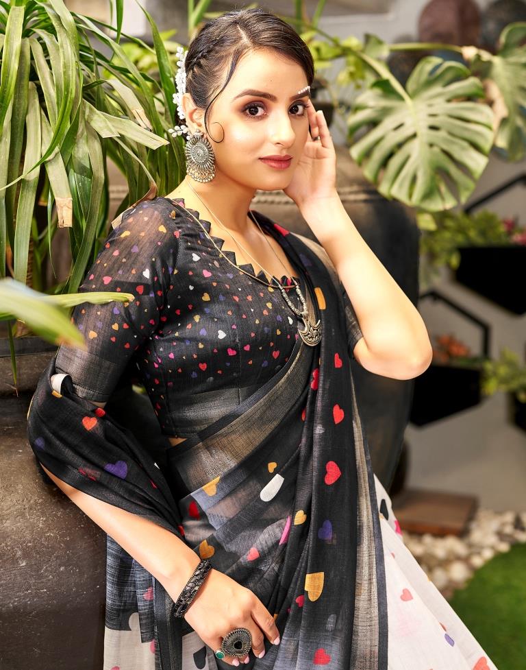 Black & Multicolour Linen Printed  Saree