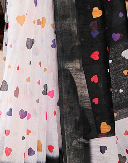 Black & Multicolour Linen Printed  Saree