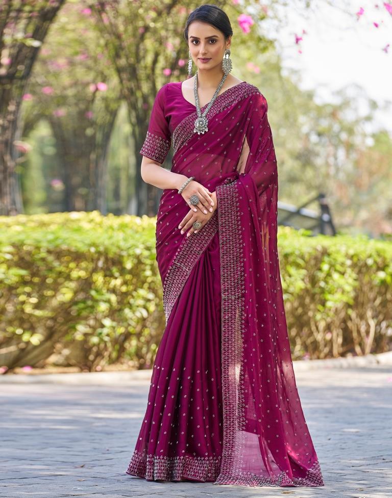 Dark Pink Georgette Plain Saree