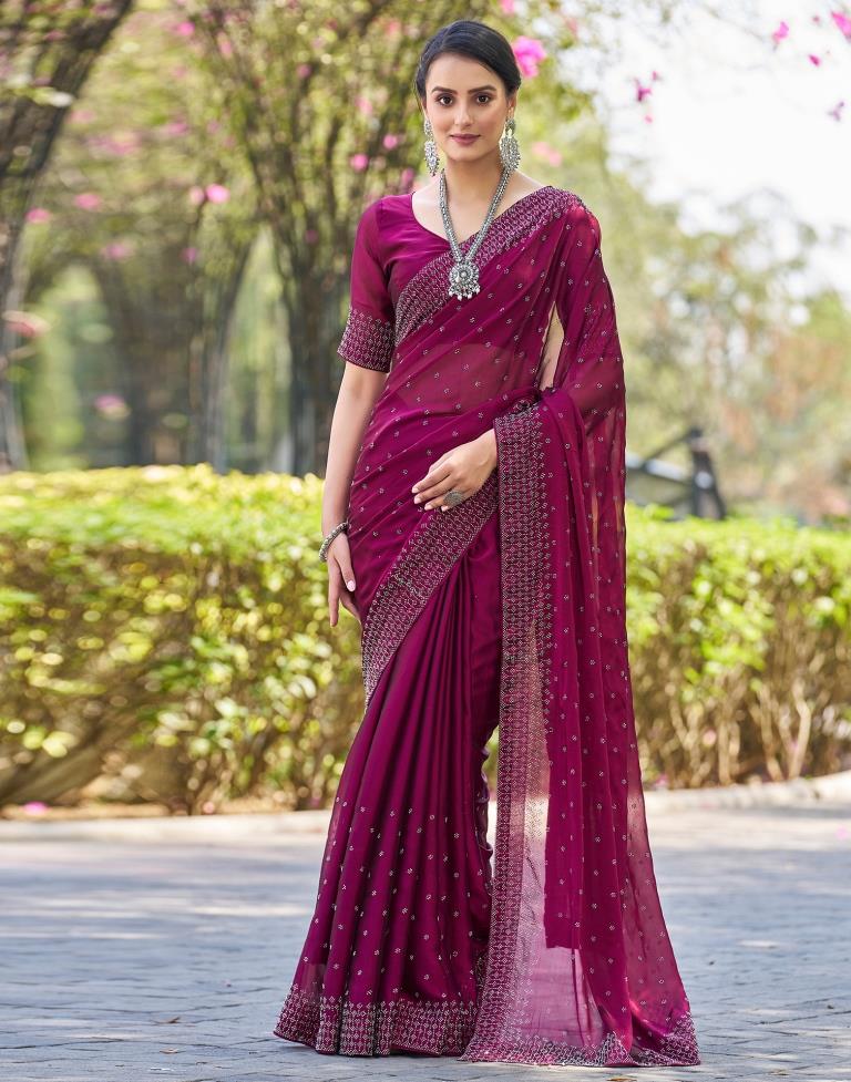 Dark Pink Georgette Plain Saree