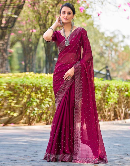 Dark Pink Georgette Plain Saree
