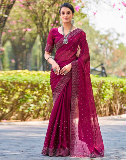 Dark Pink Georgette Plain Saree