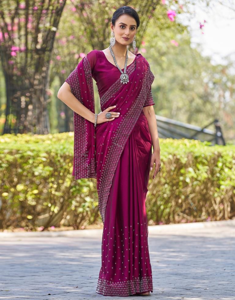 Dark Pink Georgette Plain Saree