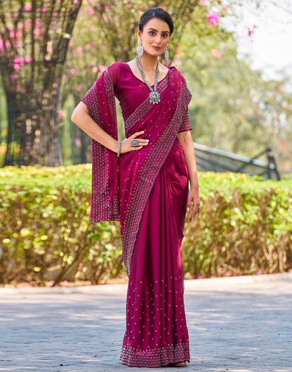 Dark Pink Georgette Plain Saree