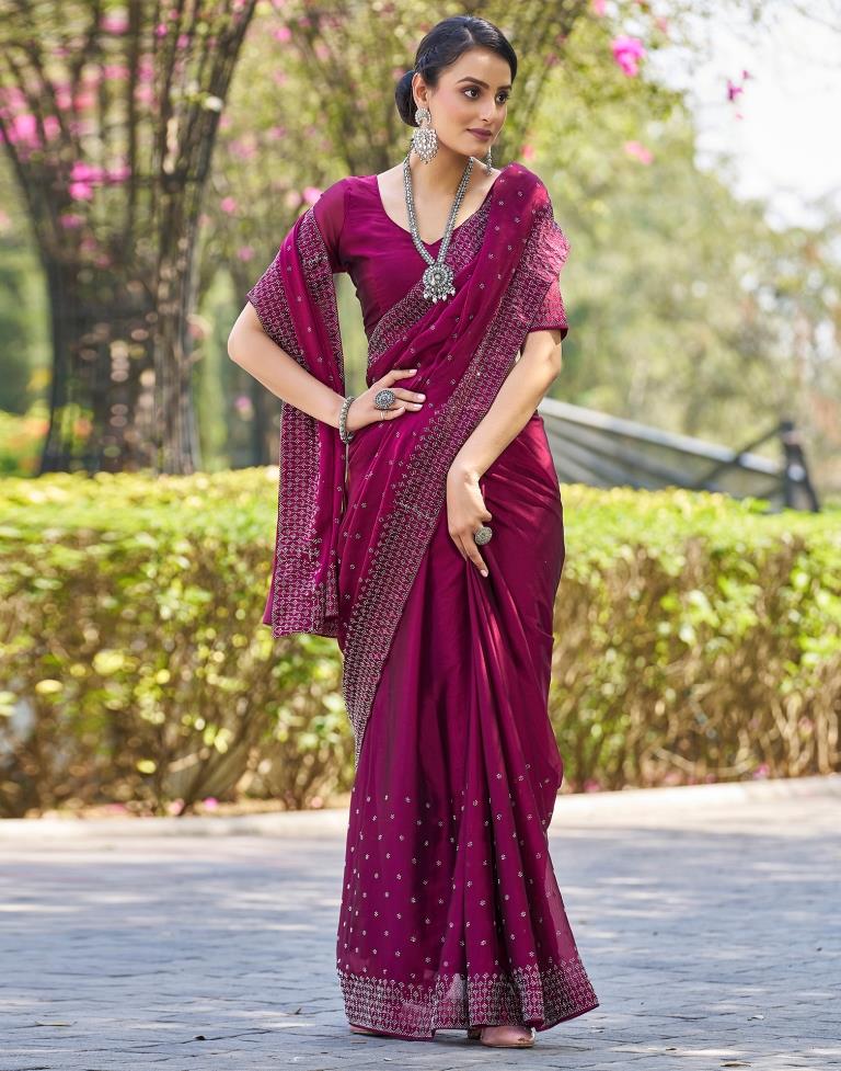 Dark Pink Georgette Plain Saree