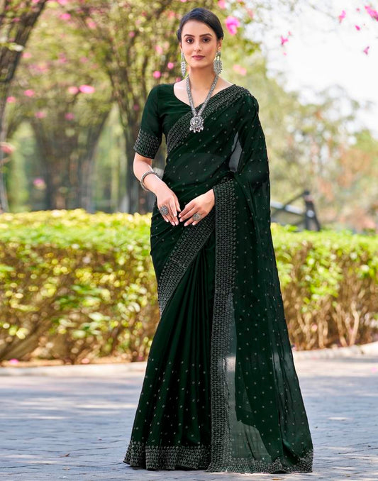 Dark Green Georgette Plain Saree