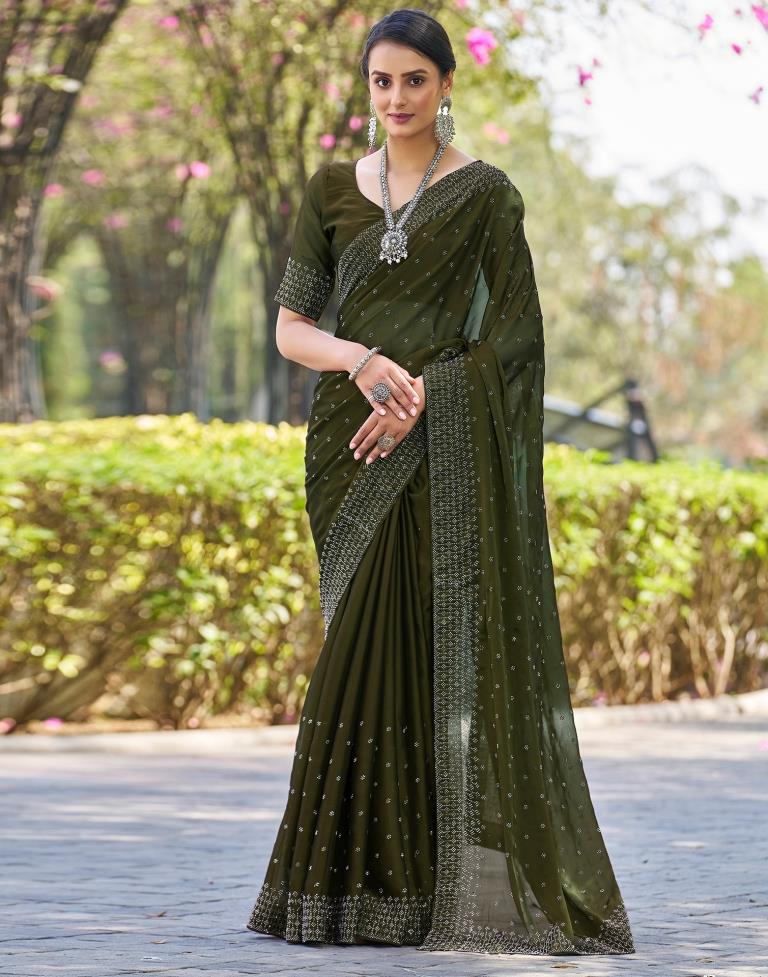 Olive Green Georgette Plain Saree