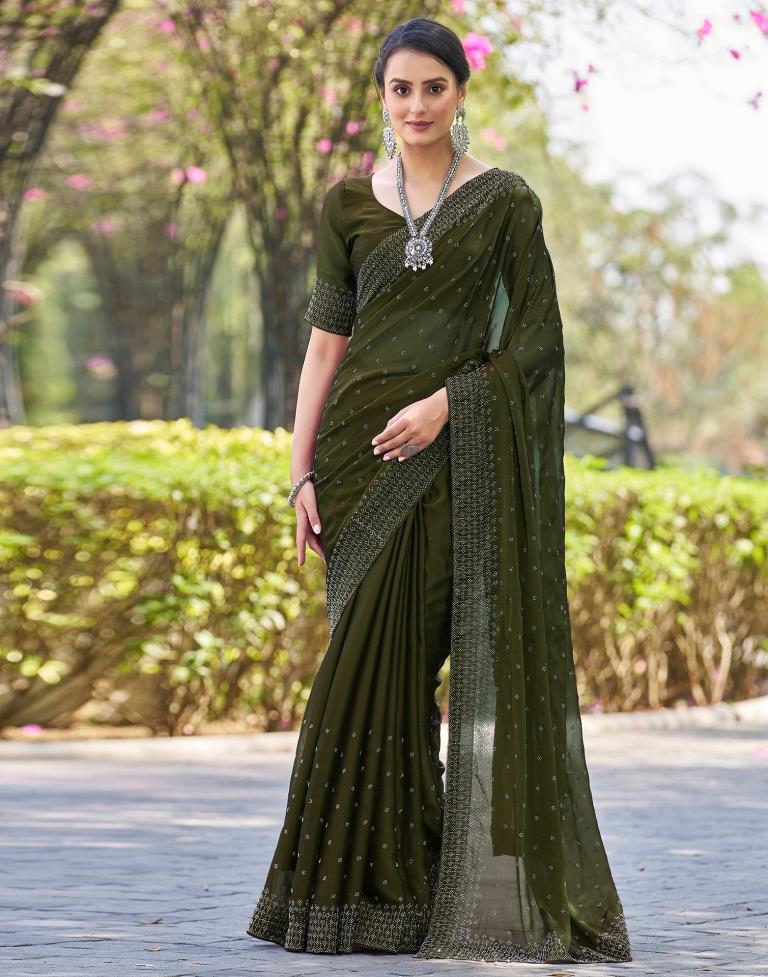 Olive Green Georgette Plain Saree