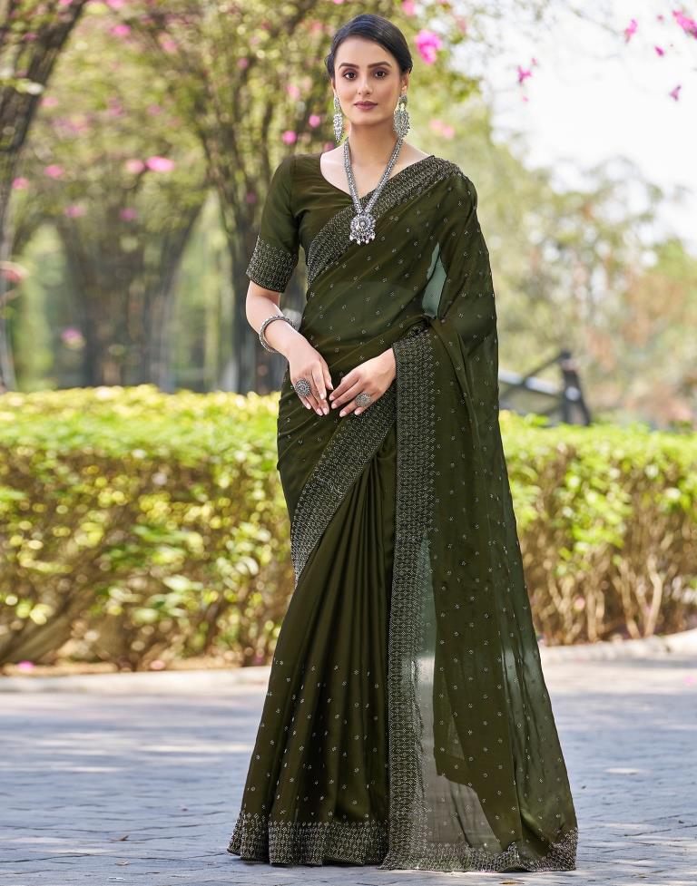 Olive Green Georgette Plain Saree