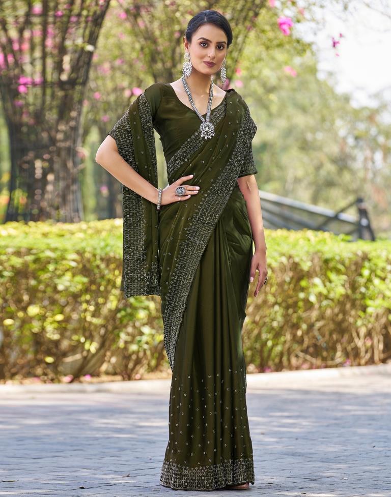 Olive Green Georgette Plain Saree