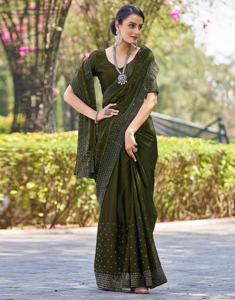 Olive Green Georgette Plain Saree